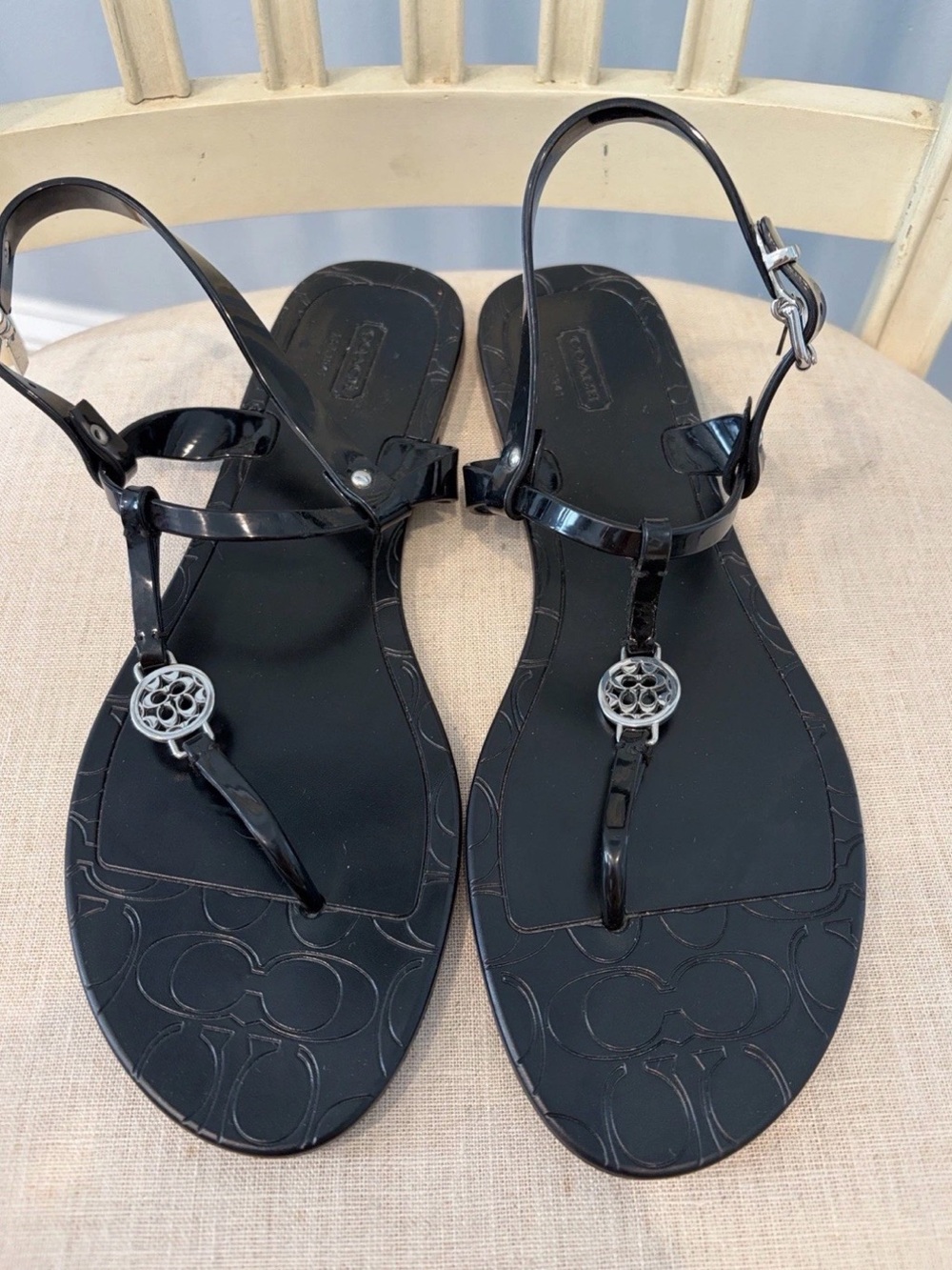 Coach Women’s Pansy Black Signature Jelly T-Strap Sandals
